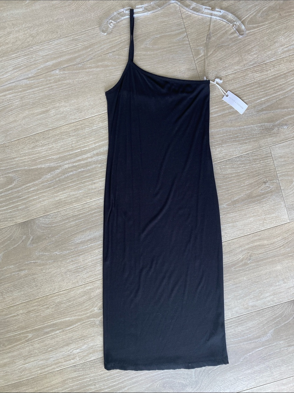 NWT One Shoulder Black Ribbed Midi Bodycon Dress Minimalist Stretch Dress Medium